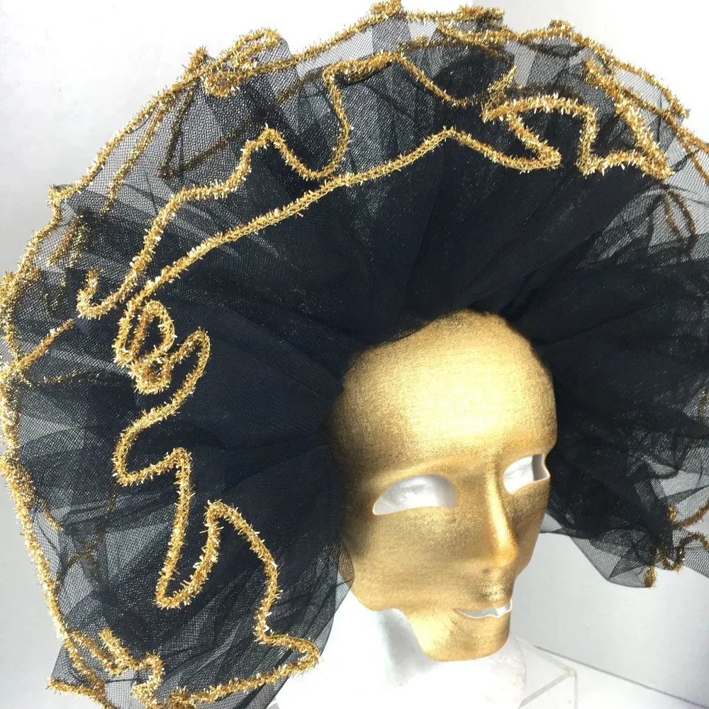 Vintage Venetian Gold Fabric Mask w/ Blk Net Ruffles NOS NWOT